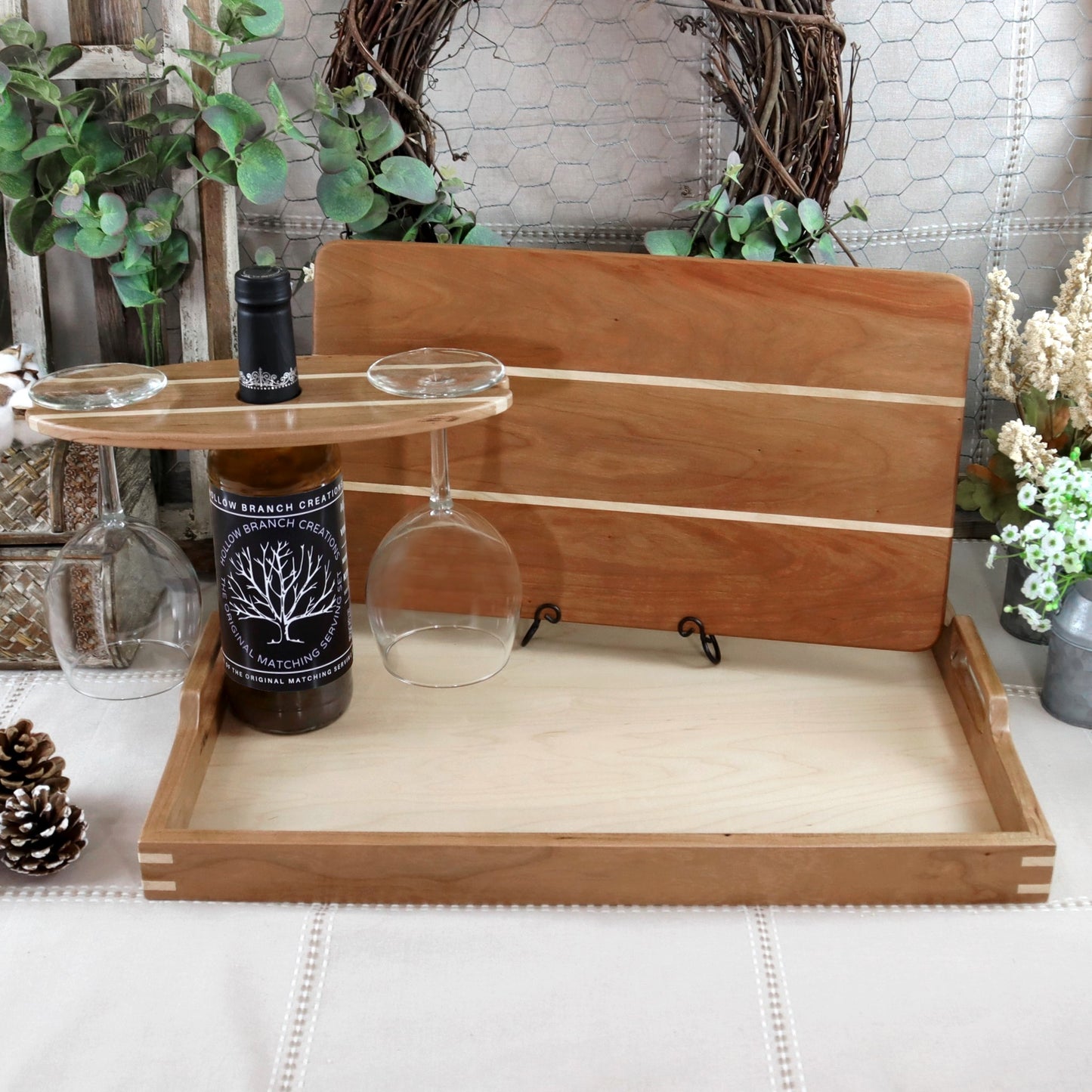 Cutting Board, Wood Cutting Board, Decorative, tray, ottoman tray, serving tray, serving tray with handle, buy cutting board, table setting, walnut tray, walnut cutting board, decorative cutting board, serving board, housewarming, party, party planner, chef, cooking, realtors, real estate, homeowner, home décor, brunch, holiday, party, birthday, anniversary, gift, Christmas, Thanksgiving, chopping board, Made in the USA, Cherry, Maple, Walnut, Wooden Wine Bottle Holder, Wine carrier, Wine Bottle Carrier