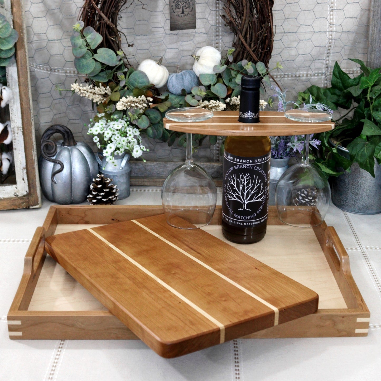 Cutting Board, Wood Cutting Board, Decorative, tray, ottoman tray, serving tray, serving tray with handle, buy cutting board, table setting, walnut tray, walnut cutting board, decorative cutting board, serving board, housewarming, party, party planner, chef, cooking, realtors, real estate, homeowner, home décor, brunch, holiday, party, birthday, anniversary, gift, Christmas, Thanksgiving, chopping board, Made in the USA, Cherry, Maple, Walnut, Wooden Wine Bottle Holder, Wine carrier, Wine Bottle Carrier