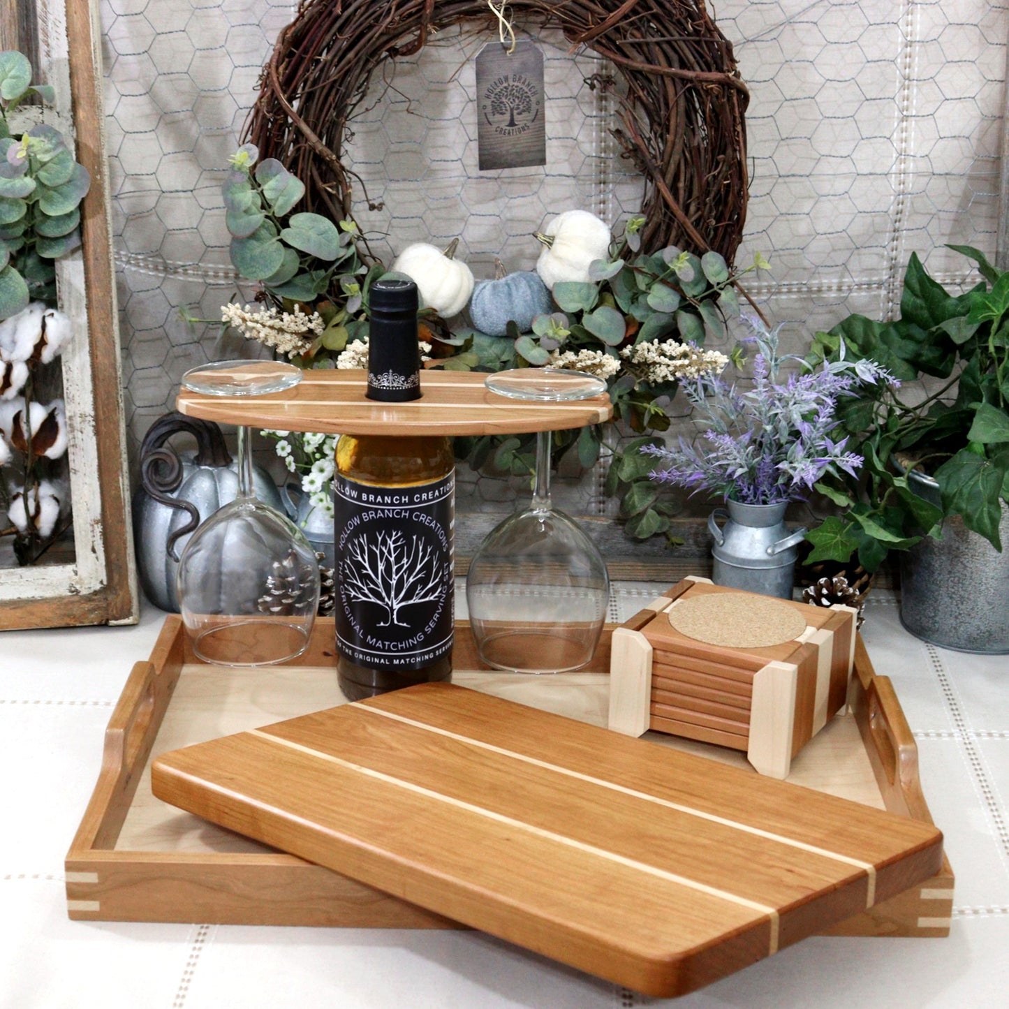 Cutting Board, Wood Cutting Board, Decorative, tray, ottoman tray, serving tray, serving tray with handle, buy cutting board, table setting, serving board, housewarming, party, party planner, chef, cooking, realtors, real estate, homeowner, home décor, brunch, holiday, party, birthday, anniversary, gift, Christmas, Thanksgiving, chopping board, Made in the USA, Cherry, Maple, Walnut, Wooden Wine Bottle Holder, Wine carrier, Wood Coasters, coasters, drink coasters, coffee, wine, large coaster, walnut, cherry