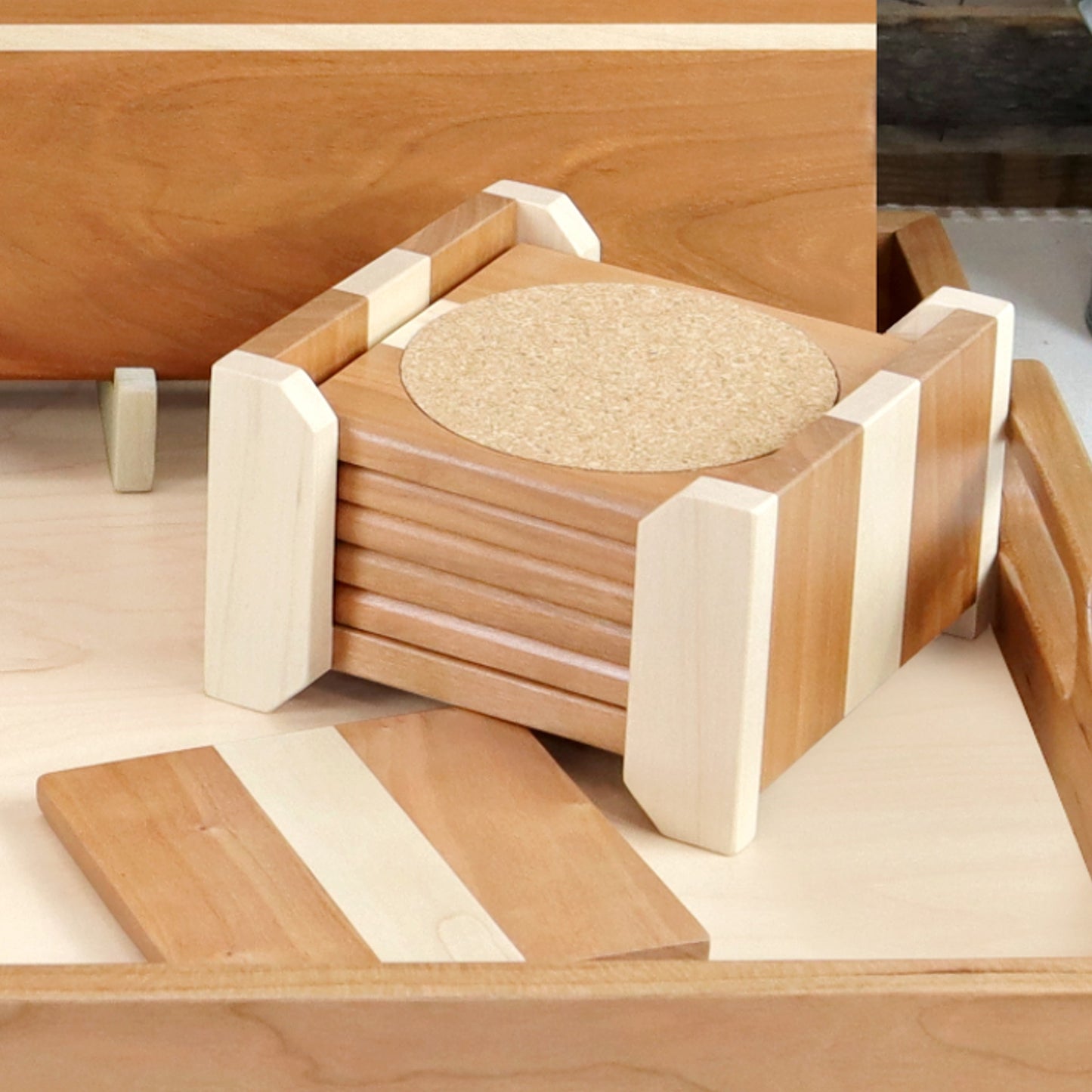 4-Piece Cherry Serving Set: Cherry and Maple Serving Tray, Cutting Board, Wine Carrier, & Coaster Set + Free Gifts