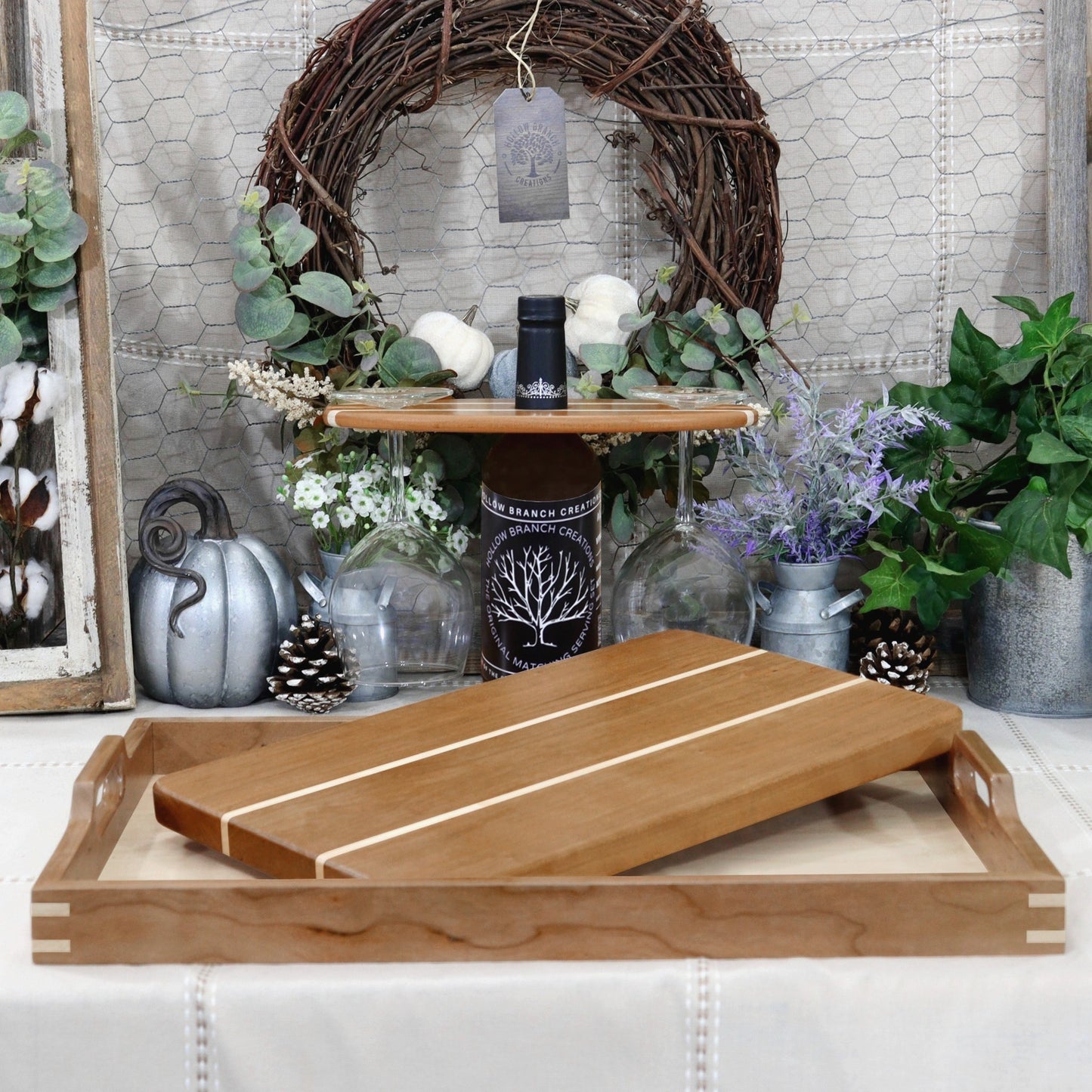 Cutting Board, Wood Cutting Board, Decorative, tray, ottoman tray, serving tray, serving tray with handle, buy cutting board, table setting, walnut tray, walnut cutting board, decorative cutting board, serving board, housewarming, party, party planner, chef, cooking, realtors, real estate, homeowner, home décor, brunch, holiday, party, birthday, anniversary, gift, Christmas, Thanksgiving, chopping board, Made in the USA, Cherry, Maple, Walnut, Wooden Wine Bottle Holder, Wine carrier, Wine Bottle Carrier