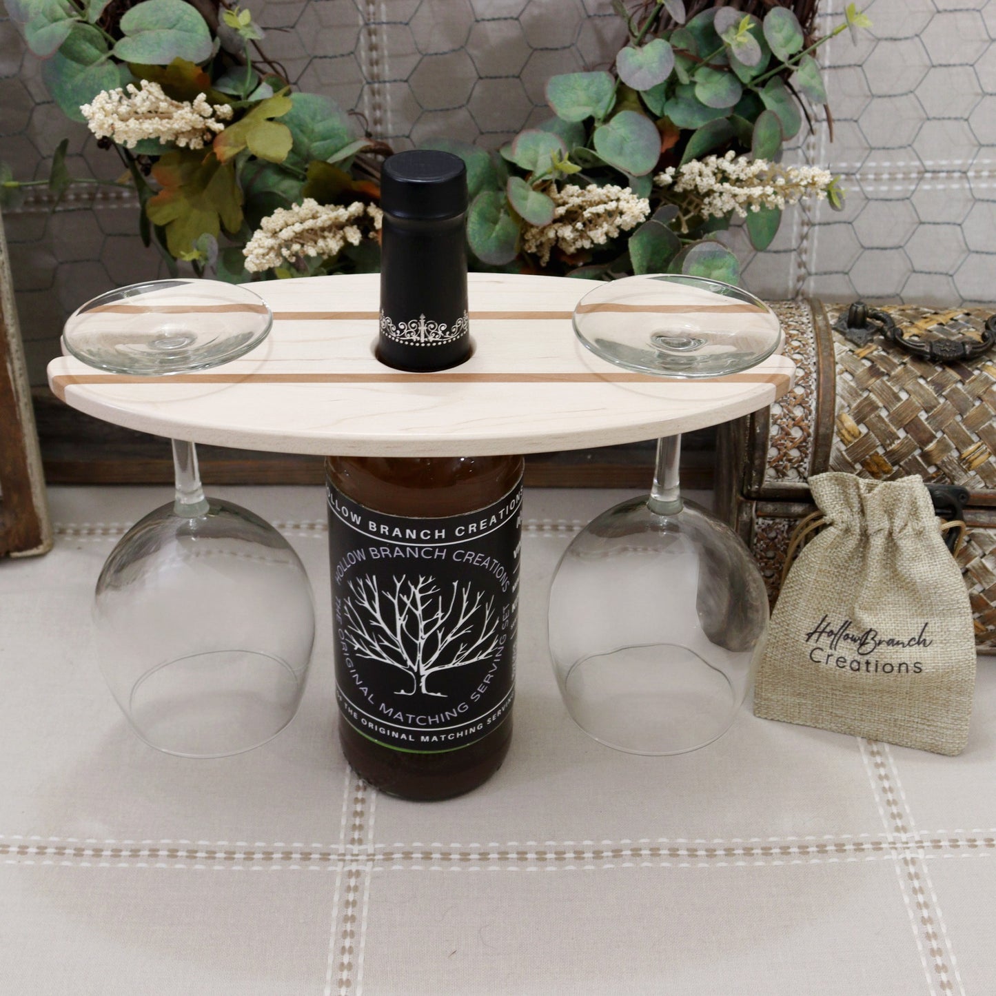 Maple Wood Wine Bottle & Glass Carrier - It holds 2 Glasses.