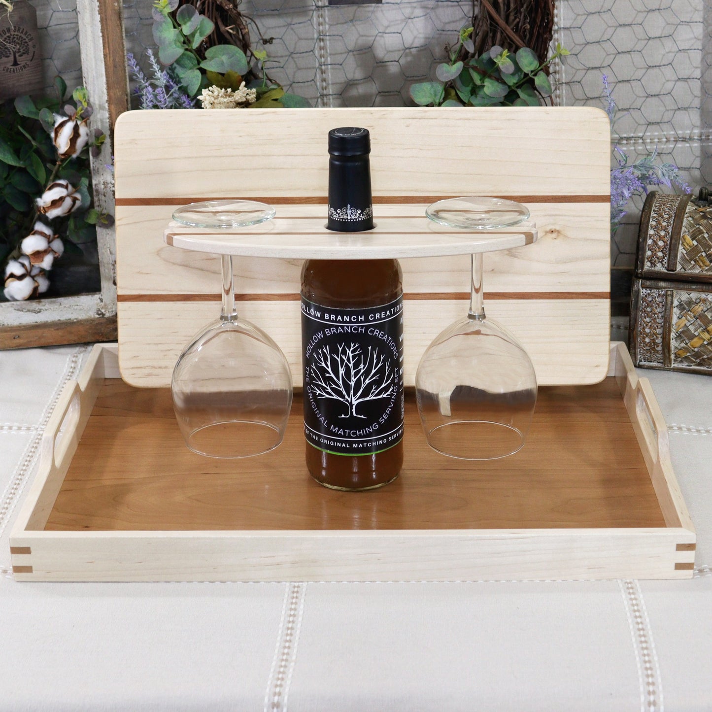 Cutting Board, Wood Cutting Board, Decorative, tray, ottoman tray, serving tray, serving tray with handle, buy cutting board, table setting, walnut tray, walnut cutting board, decorative cutting board, serving board, housewarming, party, party planner, chef, cooking, realtors, real estate, homeowner, home décor, brunch, holiday, party, birthday, anniversary, gift, Christmas, Thanksgiving, chopping board, Made in the USA, Cherry, Maple, Walnut, Wooden Wine Bottle Holder, Wine carrier, Wine Bottle Carrier