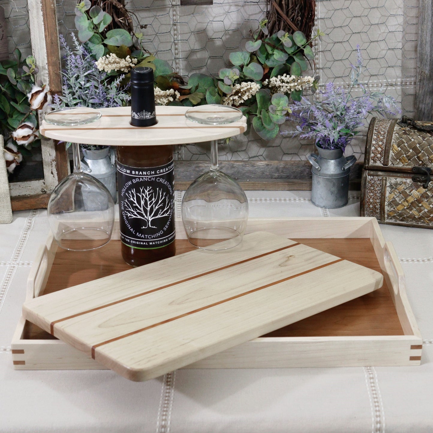 Cutting Board, Wood Cutting Board, Decorative, tray, ottoman tray, serving tray, serving tray with handle, buy cutting board, table setting, walnut tray, walnut cutting board, decorative cutting board, serving board, housewarming, party, party planner, chef, cooking, realtors, real estate, homeowner, home décor, brunch, holiday, party, birthday, anniversary, gift, Christmas, Thanksgiving, chopping board, Made in the USA, Cherry, Maple, Walnut, Wooden Wine Bottle Holder, Wine carrier, Wine Bottle Carrier