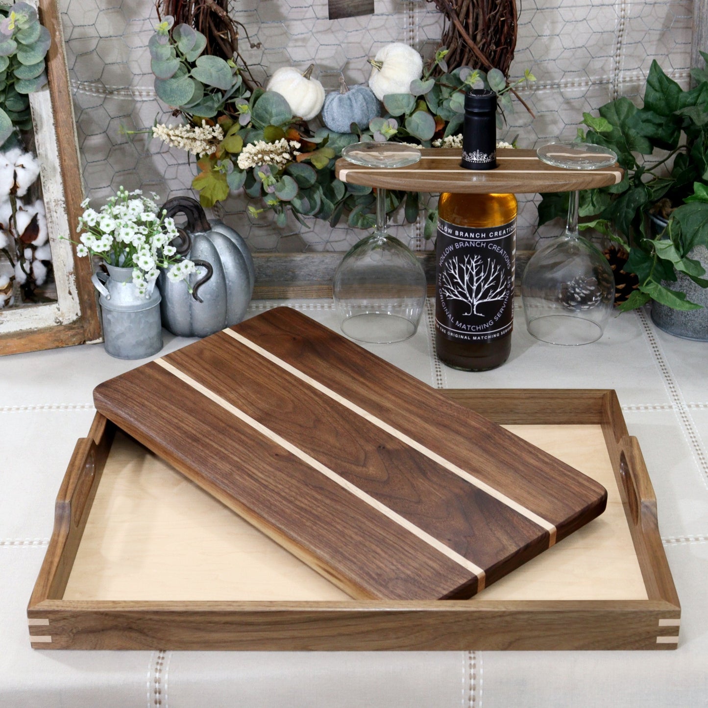 Cutting Board, Wood Cutting Board, Decorative, tray, ottoman tray, serving tray, serving tray with handle, buy cutting board, table setting, serving board, housewarming, party, party planner, chef, cooking, realtors, real estate, homeowner, home décor, brunch, holiday, party, birthday, anniversary, gift, Christmas, Thanksgiving, chopping board, Made in the USA, Cherry, Maple, Walnut, Wooden Wine Bottle Holder, Wine carrier, Wood Coasters, coasters, drink coasters, coffee, wine, large coaster, coaster set