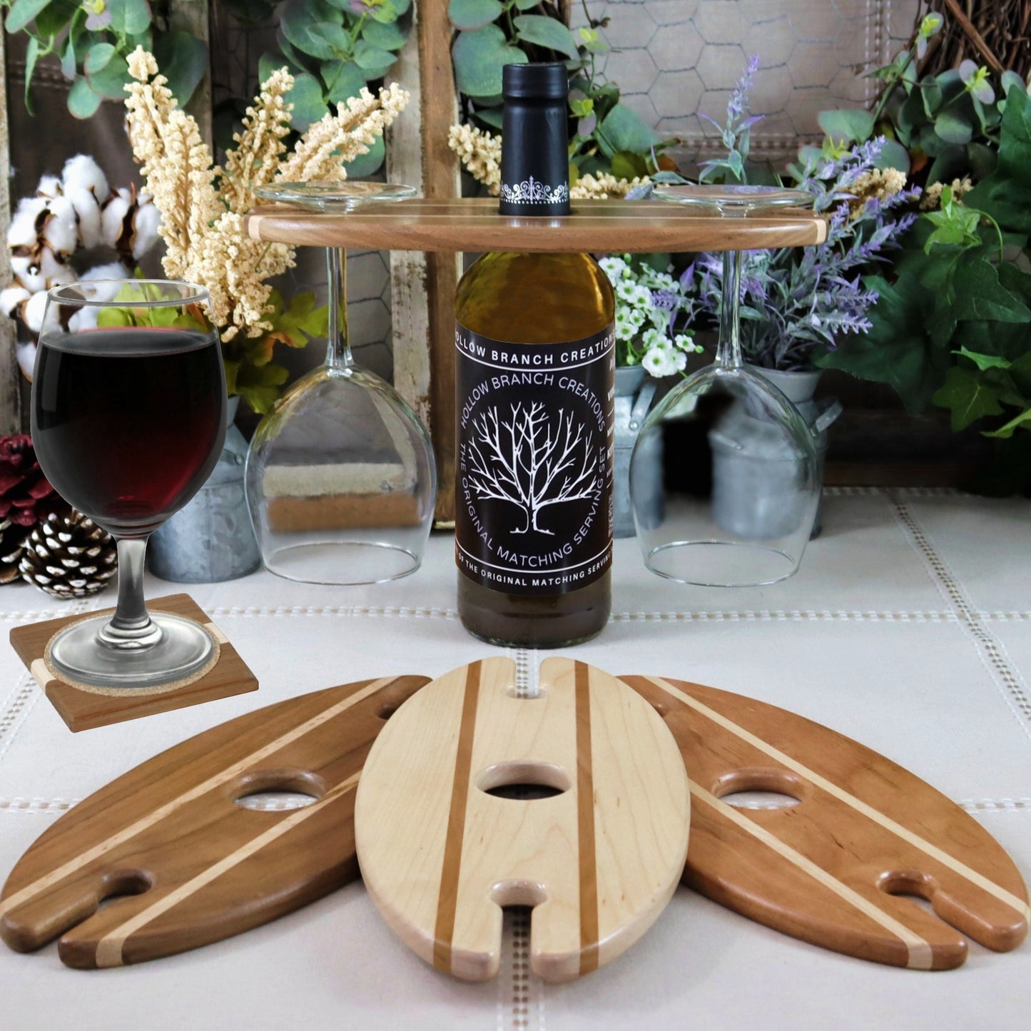 Maple Wood Wine Bottle & Glass Carrier - It holds 2 Glasses.