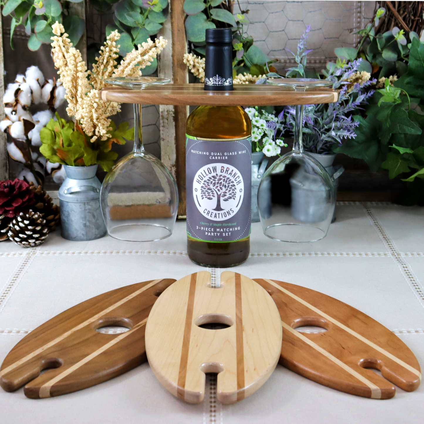 Walnut Dual-Glass Wine & Bottle Holder Carrier - Carry Your Wine Bottle and Wine Glasses at the same time. Holds 2 glasses