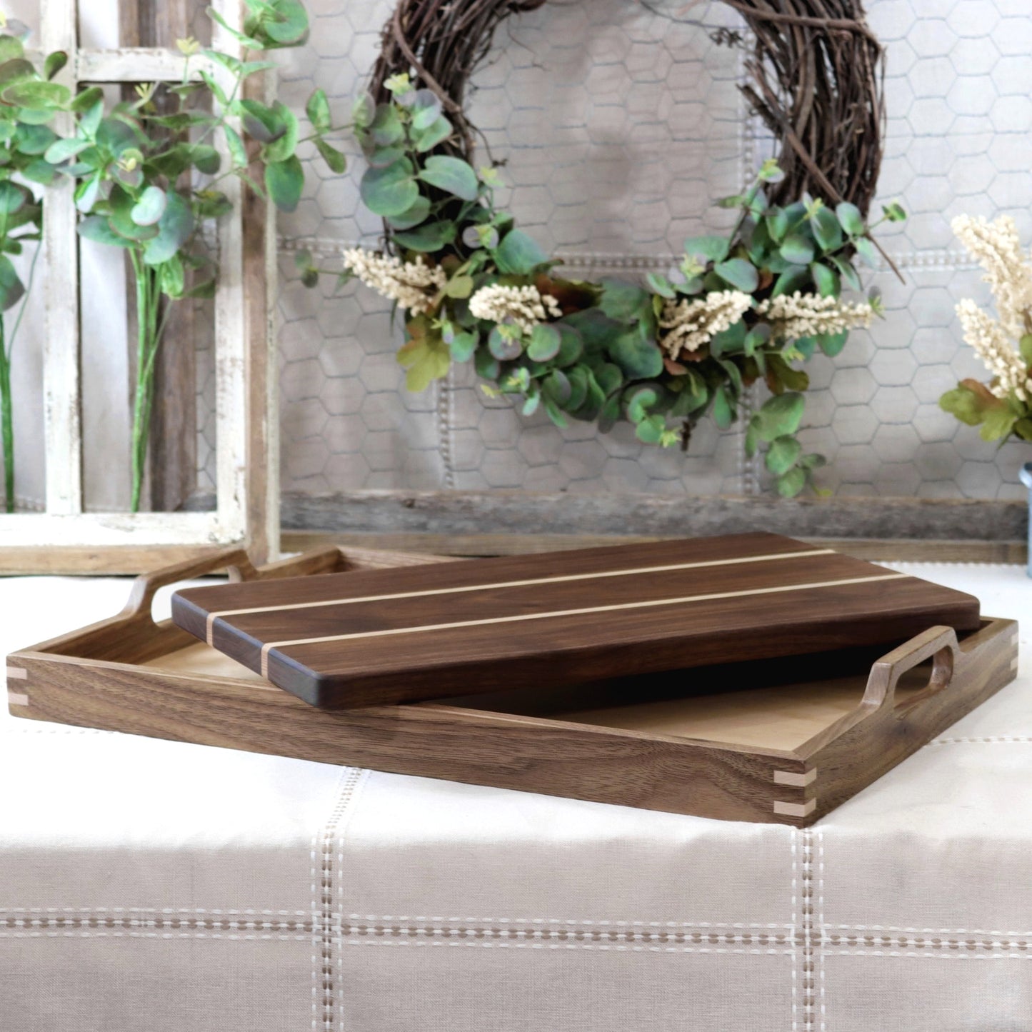 Cutting Board, Wood Cutting Board, Decorative, tray, ottoman, ottoman tray, serving tray, serving tray with handle, buy cutting board, table setting, walnut tray, walnut cutting board, decorative cutting board, serving board, housewarming, party, party planner, chef, cooking, realtors, real estate, homeowner, home décor, brunch, holiday, party, birthday, anniversary, gift, Christmas, Thanksgiving, chopping board, American-Made, Made in the USA, Cherry, Maple, Walnut