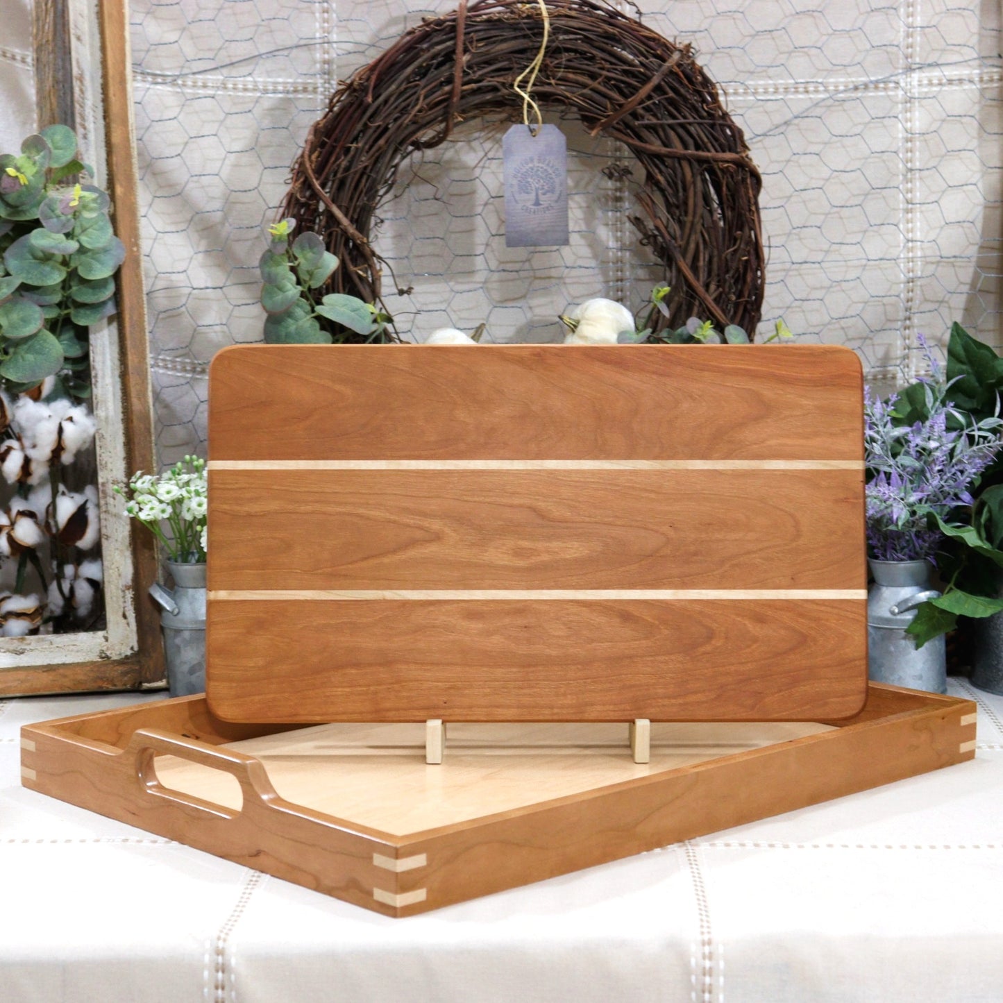 2-Piece Cherry Wood Cutting Board & Serving Tray with Handles: Serving Set
