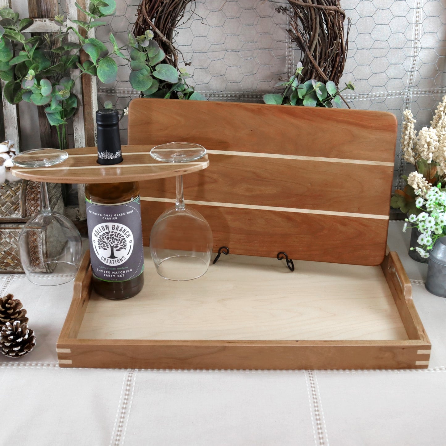 3-Piece Cherry Wood Serving Tray, Cutting Board, & Wine Bottle Carrier