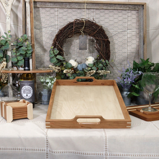 Cherry & Maple Wooden Serving Tray with Handles