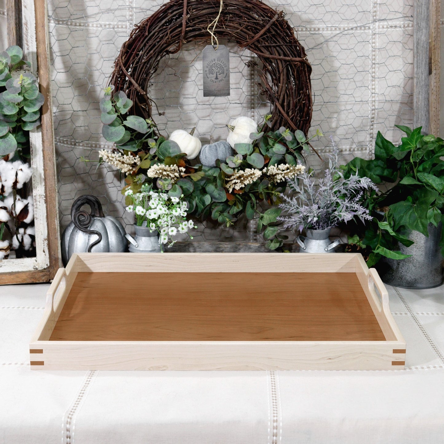 Maple & Cherry Wooden Serving Ottoman Tray with Handles