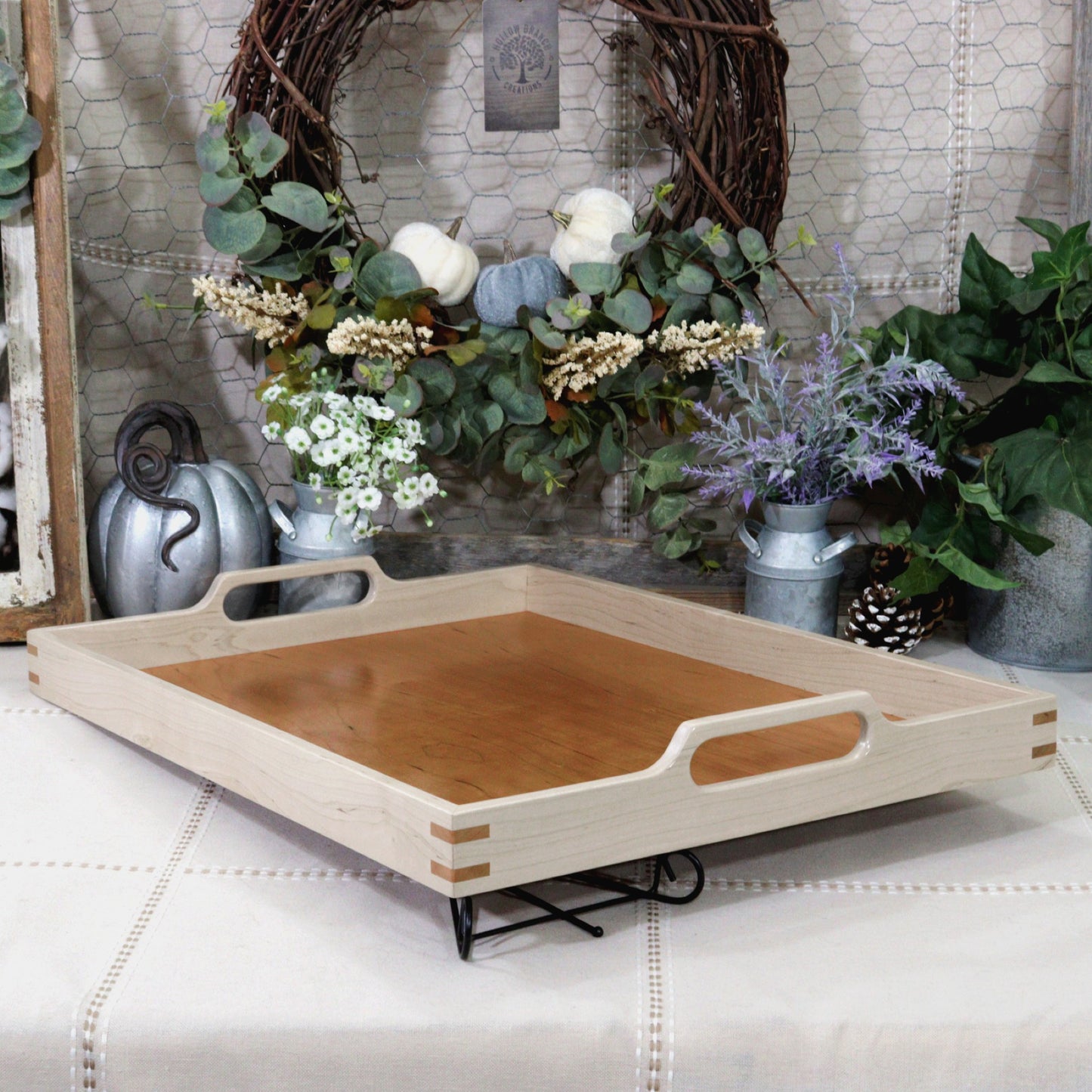 Maple Wooden Serving Ottoman Tray with Handles and Cherry Inlaid Corners - Handmade in the USA