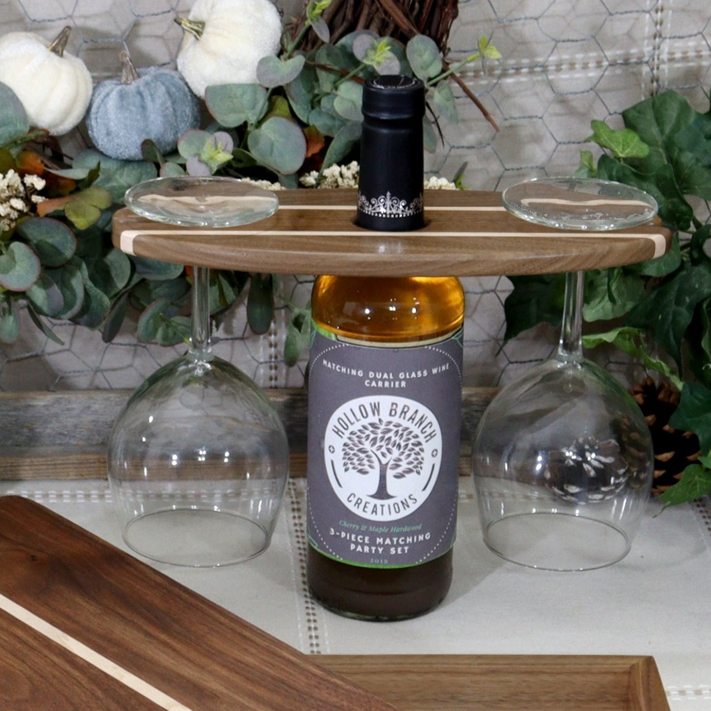 Walnut Wood Wine Bottle & Glass Carrier