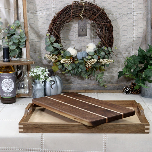 2-Piece Walnut Serving Set: Walnut & Maple Wood Matching Cutting Board & Serving Tray with Handle