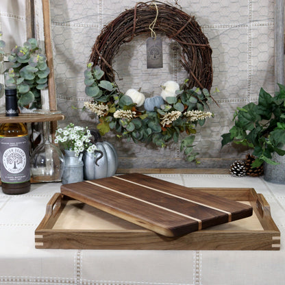 Walnut Wooden Serving Tray with handles and Maple Inlaid Corners