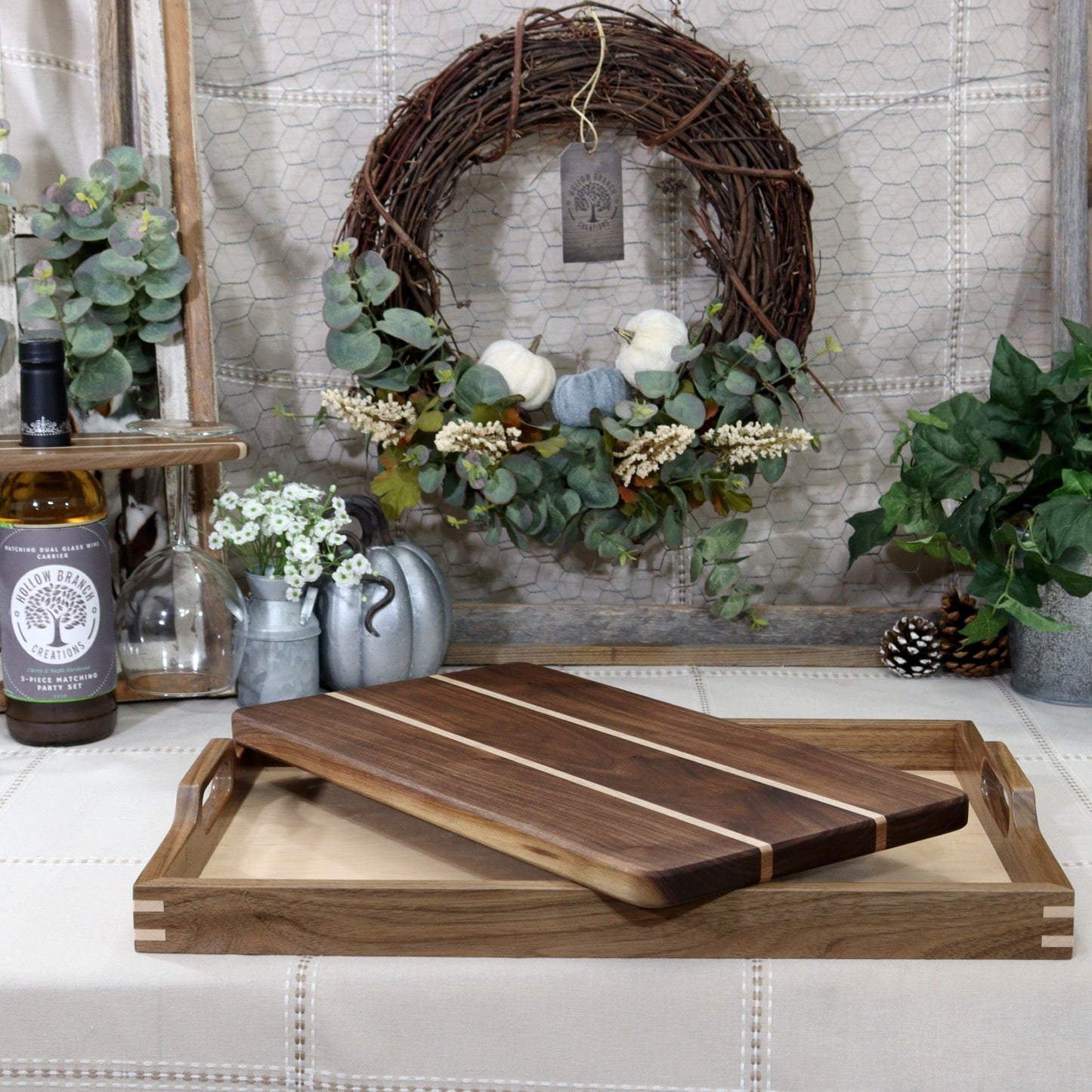 Walnut & Maple Wooden Serving Tray with handles