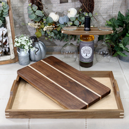 3-Piece Walnut Serving Set: Handcrafted Matching Wooden Serving Tray, Cutting Board, & Wine Carrier + Free Gifts