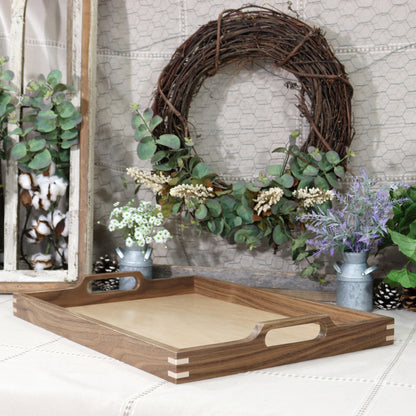 Walnut Wooden Serving Tray with handles and Maple Inlaid Corners - Affordable Unique Gift, Handmade in the USA