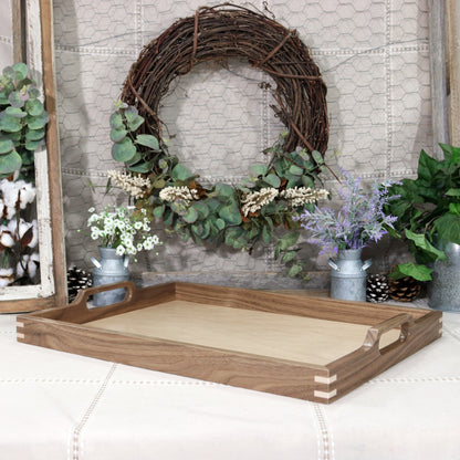 Walnut Wooden Serving Tray with handles and Maple Inlaid Corners - Affordable Unique Gift, Handmade in the USA