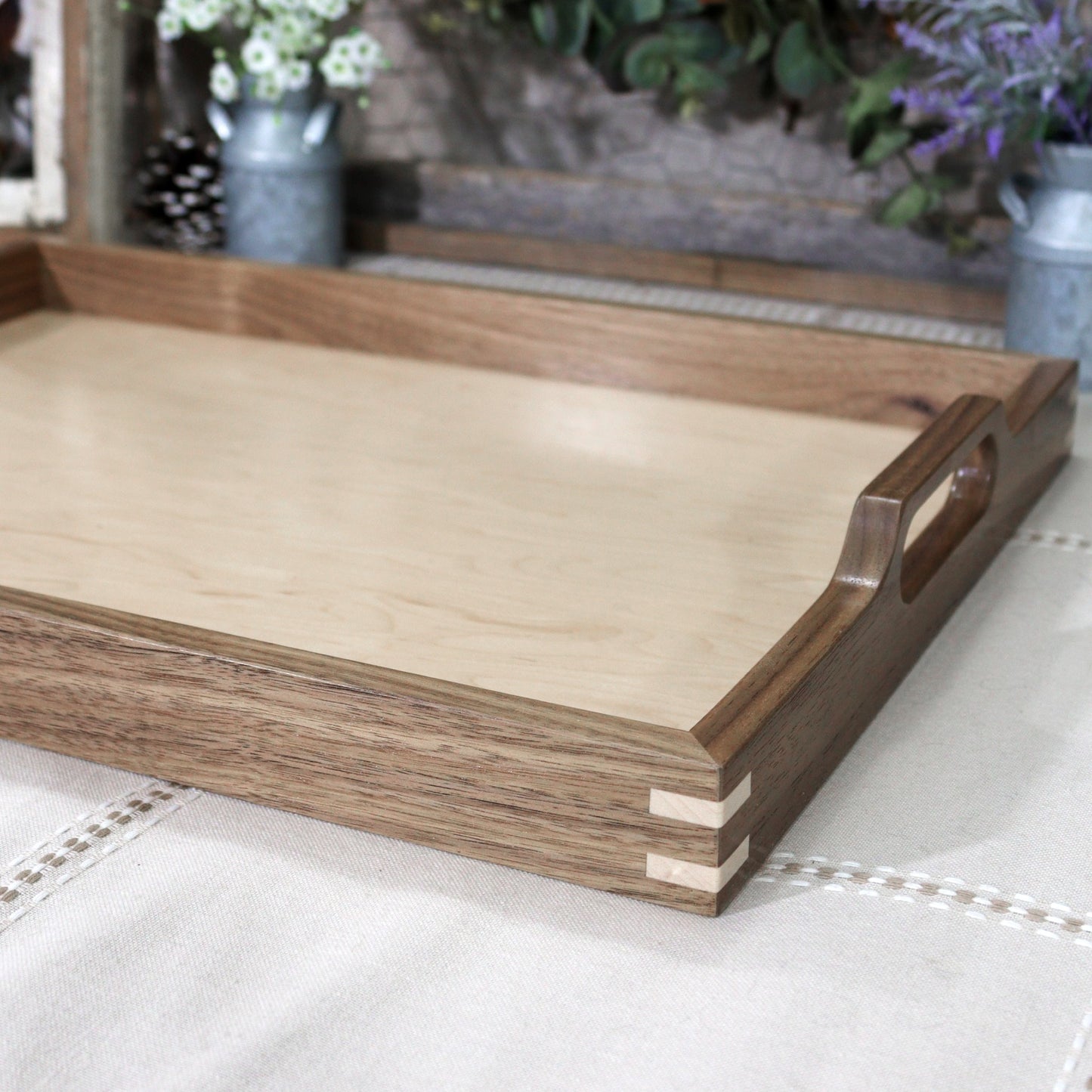 2-Piece Serving Set: Walnut & Maple Wood Matching Cutting Board and Serving Tray with Handle