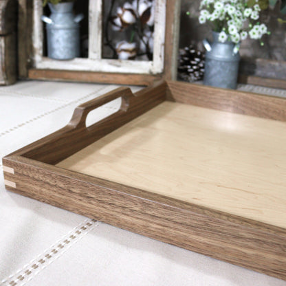 Walnut Wooden Serving Tray with handles and Maple Inlaid Corners - Affordable Unique Gift, Handmade in the USA