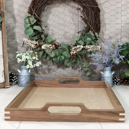 Walnut Wooden Serving Tray with handles and Maple Inlaid Corners - Affordable Unique Gift, Handmade in the USA