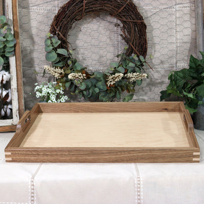 Walnut Wooden Serving Tray with handles and Maple Inlaid Corners - Affordable Unique Gift, Handmade in the USA