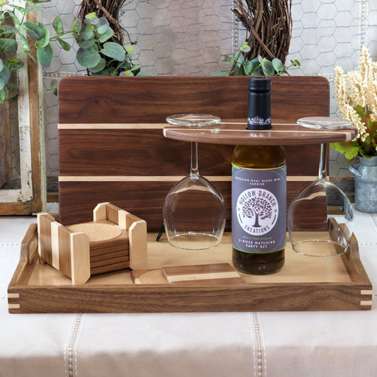 4-Piece Walnut & Maple Serving Set: Serving Tray, Cutting Board, Wine Carrier & Coaster Set + Free Gifts