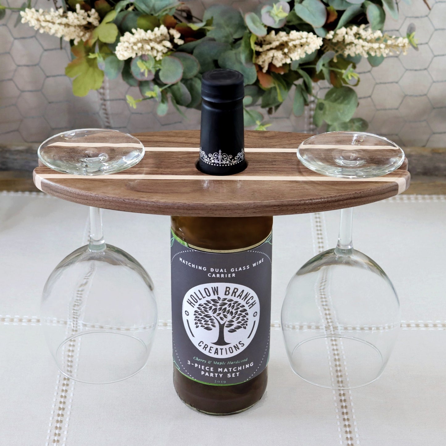 Walnut Wood Wine Bottle & Glass Carrier