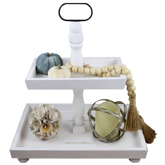 2-Tiered Tray - Distressed White Finish, Rectangle Tray