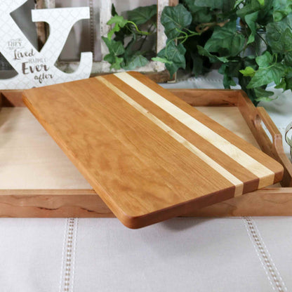 2-Piece Cherry Serving Set - Wooden Cutting Board & Matching Serving Tray with Handles
