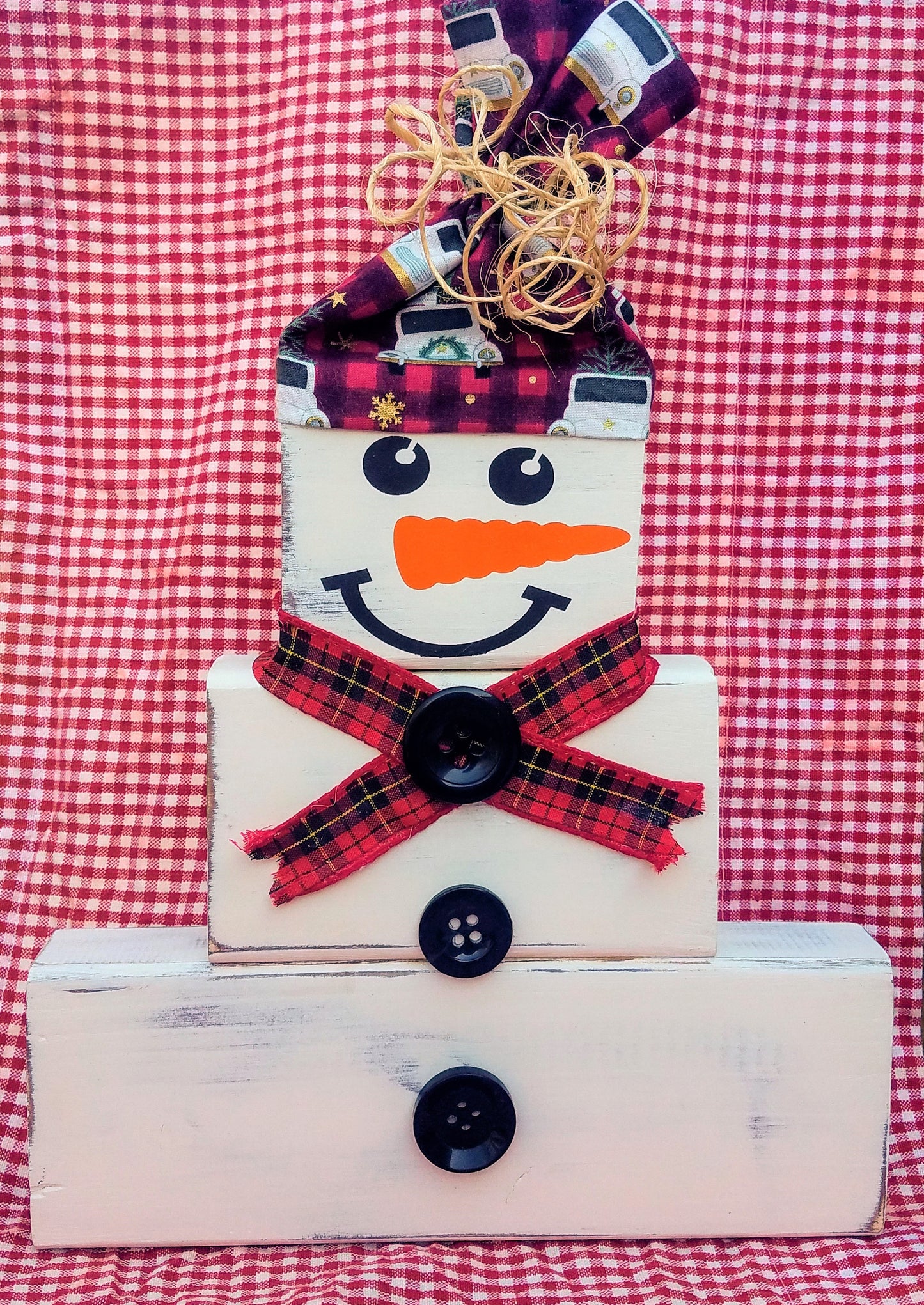 Farmhouse Vintage Real Wooden Block Snowman with Hat, Scarf and Buttons